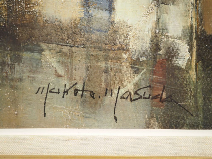 Makoto MASUDA.  "Maisons colorées en bois, au bord de l'eau" Huile sur