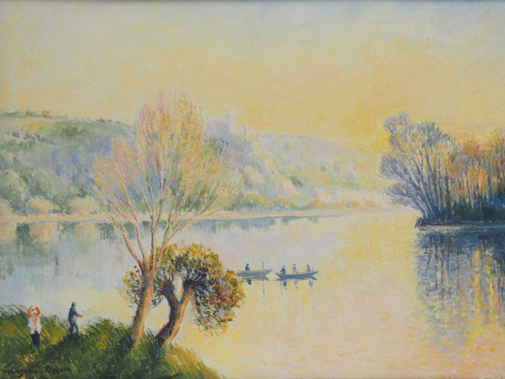 Georges MANZANA-PISSARRO. "Les pêcheurs à la ligne, les Andelys, solei