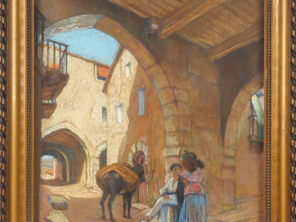 A. MARTIN.  "Conversation dans le pueblo de Suria en Catalogne" Pastel