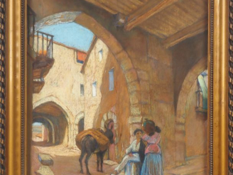 Vente aux enchères A. MARTIN.  "Conversation dans le pueblo de Suria en Catalogne" Pastel