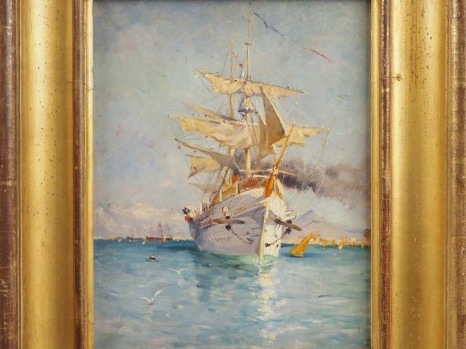 Frédéric MONTENARD. "le yacht" Huile sur toile, signée au crayon sur l