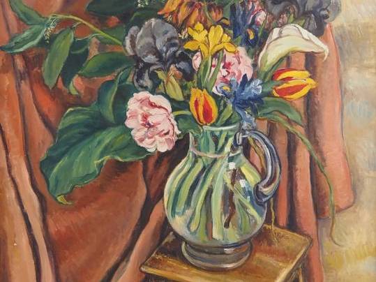 NOYELLE.  "bouquet de fleurs dans une carafe"  Huile sur toile. Dim. 9