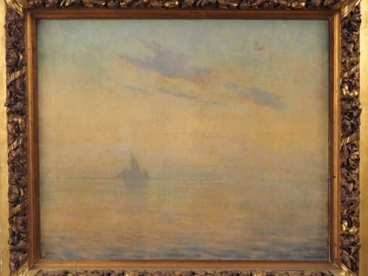 M. ORLIAC.  "Marine au soleil levant" Huile sur toile, signée en bas à