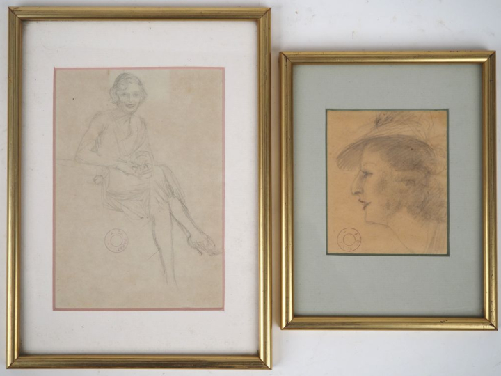 A. DE PANAT.  "jeune femme assise, profil de jeune femme chapeautée" D