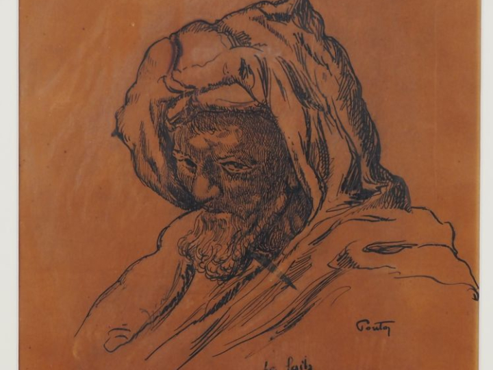 Henri PONTOY.  "le vieil arabe" Dessin à l'encre, signé en bas à droit