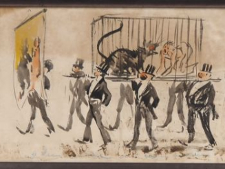 Vente aux enchères POULBOT.  "la procession caricaturale" Pochoir signé en haut. Dim. 22,