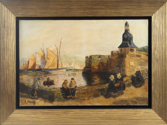 Vente aux enchères A. PRIVAT.  "Le port breton"  Huile sur toile, signée en bas à gauche.