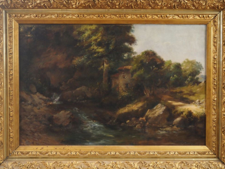 Vente aux enchères Eugène REGAGNON. "la maison au bord du torrent" Grande huile sur toile