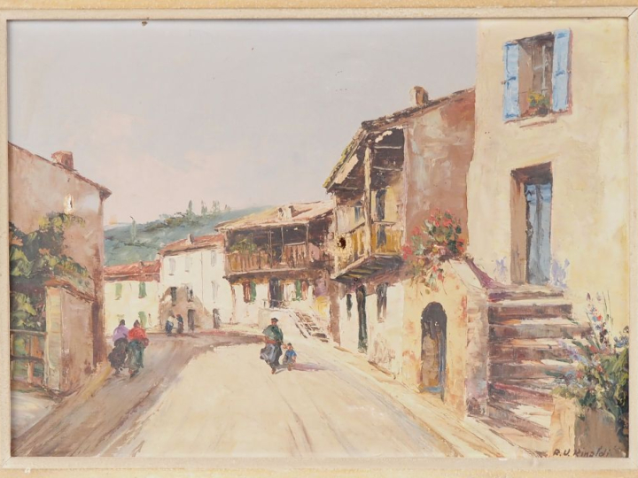 Hervé RINALDI.  "Ruelle animée à Villefranche de Conflens"  Huile sur 