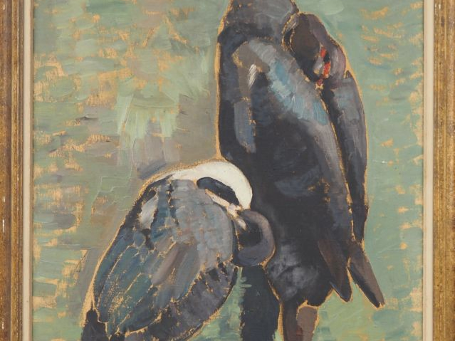 Hélène RIVIERE  "les canards" Huile sur toile, signée en bas à gauche.