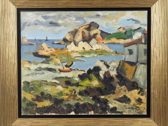 Vente aux enchères A. ROLLIN.   "Paysage de bord de mer" Huile sur toile, signée en bas à