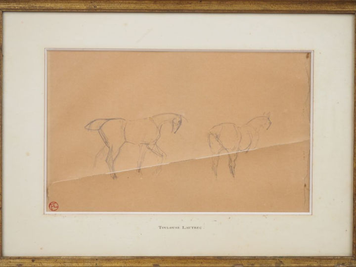Henri de TOULOUSE-LAUTREC. "Etude de chevaux". Dessin au crayon double