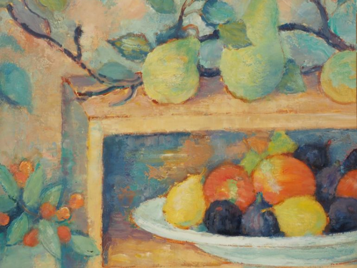 A. VIGNOLLES.  "Coin d'étagère". Huile siur toile, signée en bas à dro