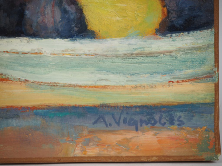 A. VIGNOLLES.  "Coin d'étagère". Huile siur toile, signée en bas à dro