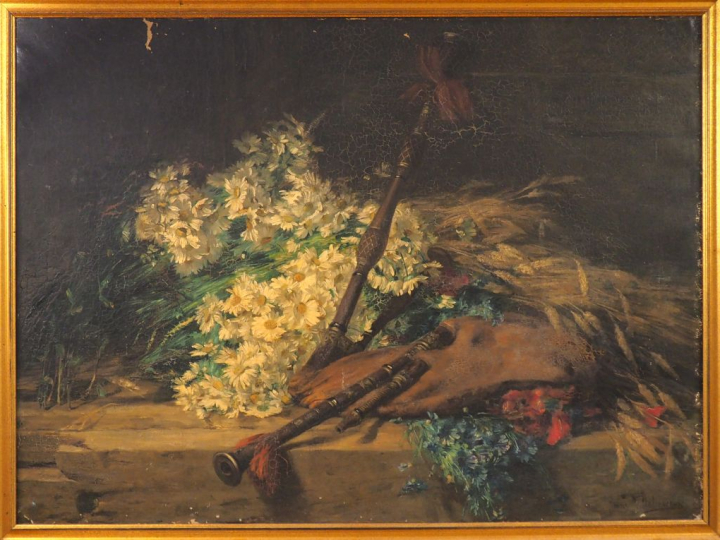 Jenny VILLEBESSEYX. "Grande nature morte" Huile sur toile, signée en b