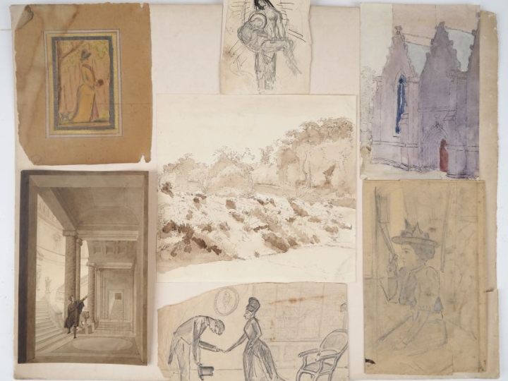 Ecole française fin XIXème.  Carton à dessin contenant 20 dessins, cro