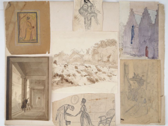 Vente aux enchères Ecole française fin XIXème.  Carton à dessin contenant 20 dessins, cro