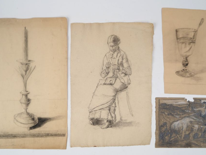 Ecole française fin XIXème.  Carton à dessin contenant 20 dessins, cro