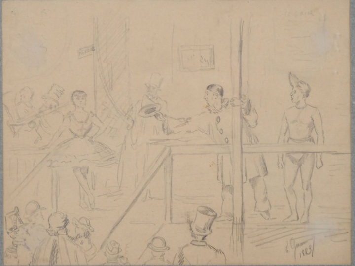 Ecole française fin XIXème. "les saltimbanques" Dessin au crayon, sign