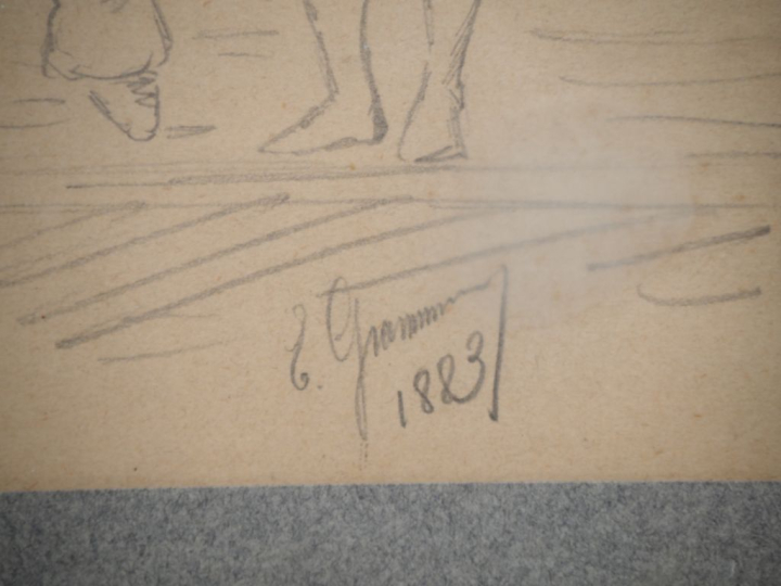 Ecole française fin XIXème. "les saltimbanques" Dessin au crayon, sign