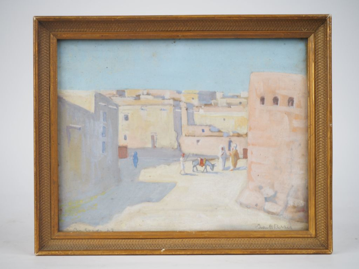 Ecole orientaliste.  "vue animée de Bou Saada" Gouache, signée en bas 