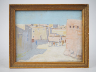 Vente aux enchères Ecole orientaliste.  "vue animée de Bou Saada" Gouache, signée en bas 