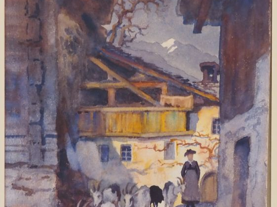 Ecole française XXème.  "troupeau de chèvres et bergère"  Aquarelle Di