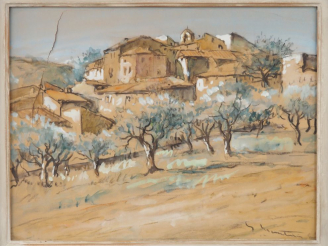 Vente aux enchères Ecole catalane XXème.  "village de la campagne catalane" Gouache sur p