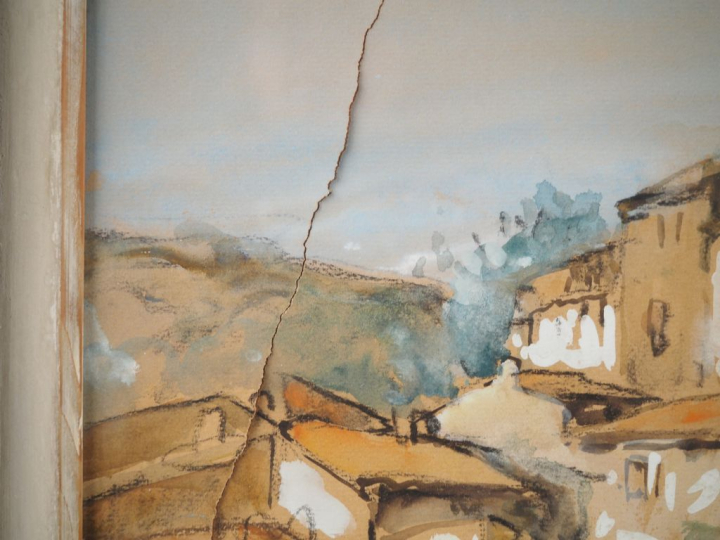 Ecole catalane XXème.  "village de la campagne catalane" Gouache sur p