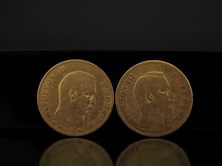 Deux pièces de 10 Francs or 1856-A et 1858-BB. FRAIS ACHETEURS 10% HT.