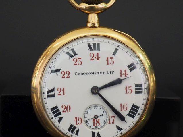 LIP, Chronomètre Montre de gousset en or jaune 750.  Cadran rond à chi