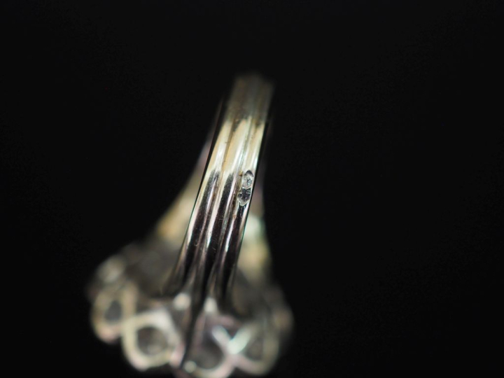 Ravissante bague de forme marguerite en platine et or blanc 750, serti