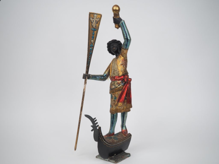 Sculplture 1900 en bois polychrome "le gondolier maure".  H. 57,5 cm