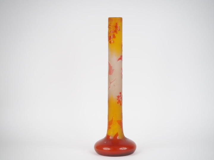 GALLE.  Grand vase tube en verre gravé en camée et à l'acide de grosei