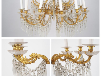 Vente aux enchères Lustre à pampilles fin XIXème en métal doré et cristal, éclairant à di