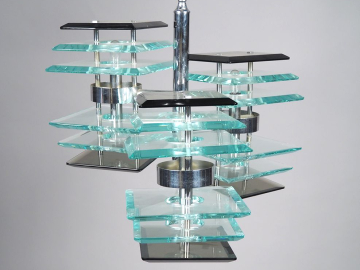 Lustre années 1970 en métal chromé, verre translucide et verre fumé, é