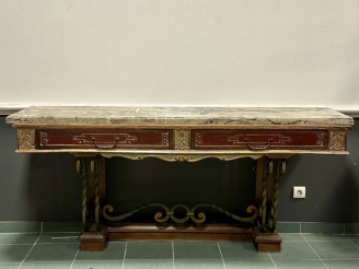 Vente aux enchères Superbe console 1950 en bois polychrome et fer forgé, très beau marbre