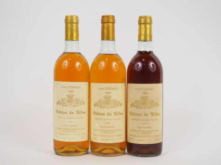 3 BOUTEILLES CHÂTEAU DU HILLOU SAUTERNES : 2 de 1990 - LB/1 de 1989