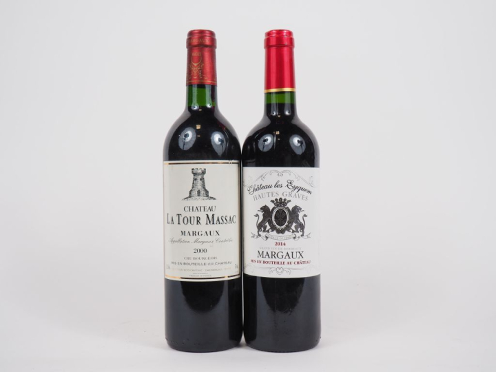 2 BOUTEILLES MARGAUX : 1 CHÂTEAU LA TOUR MASSAC 2000 BG/1 CHÂTEAU LES 