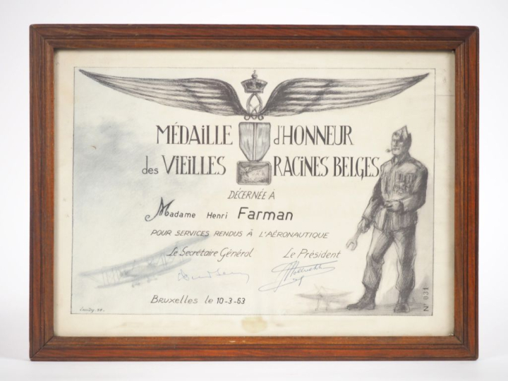 Diplôme décerné à Madame Henri Farman "médaille d'honneur des vieilles