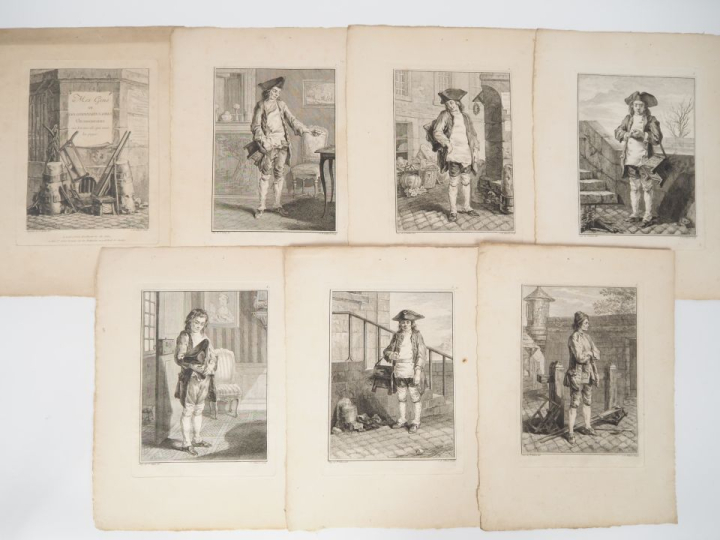 Suite de 7 gravures en noir par TILLARD d'après SAINT AUBIN, "Mes gens
