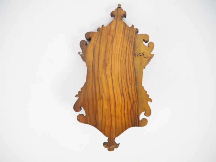Bénitier souvenirs de Jérusalem en bois sculpté, marqueterie et incrus