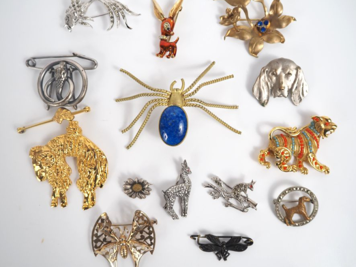 15 différentes broches en métal argenté et verroterie ou imitation de 