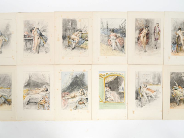 Suite de 12 gravures érotiques d'après Antoine Calbet. Dim. 24 x 19 cm