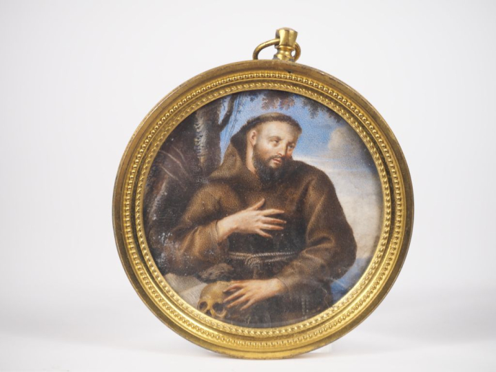 Miniature XVIIIème dans un cadre en bronze doré, "Saint François d'Ass