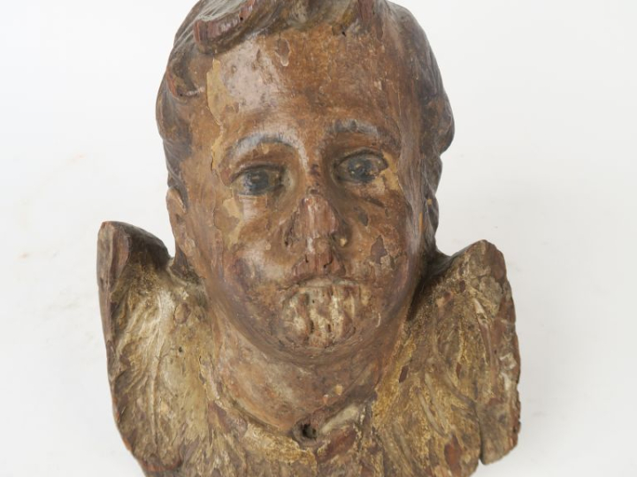 Sculpture fin XVIIIème-début XIXème en bois polychrome. "Tête d'angelo
