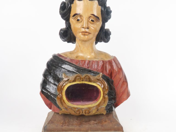 Reliquaire en bois sculpté polychrome figurant un buste d'homme, ajour