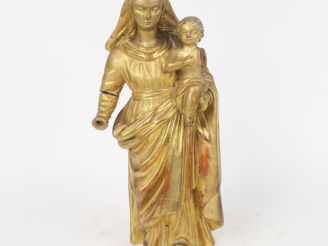 Vente aux enchères Ecole française XIXème. "Vierge à l'enfant". Sculpture en bois doré. H