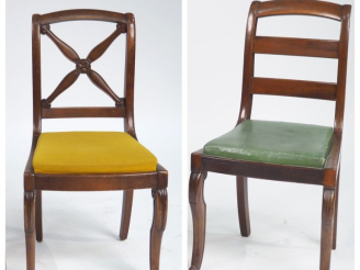 Vente aux enchères 4 différentes chaises Restauration, dossiers ajourés à crosse. Garnitu