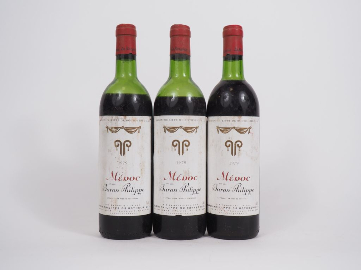 3 BOUTEILLES BARON PHILIPPE DE ROTHSCHILD MÉDOC 1979 - 1 LB/2 VIDANGE